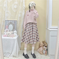 Japanese Wool Autumn Winter Soft Girl Plaid Pink & Blue Stripes Long Elastic Gathered Waist Skirt - Thumbnail 7