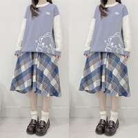 Japanese Wool Autumn Winter Soft Girl Plaid Pink & Blue Stripes Long Elastic Gathered Waist Skirt - Thumbnail 1
