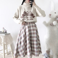 Japanese Wool Autumn Winter Soft Girl Plaid Pink & Blue Stripes Long Elastic Gathered Waist Skirt - Thumbnail 8