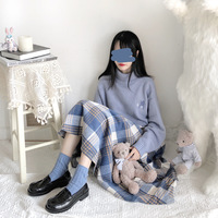 Japanese Wool Autumn Winter Soft Girl Plaid Pink & Blue Stripes Long Elastic Gathered Waist Skirt - Thumbnail 4