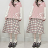 Japanese Wool Autumn Winter Soft Girl Plaid Pink & Blue Stripes Long Elastic Gathered Waist Skirt - Thumbnail 2