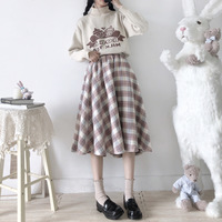 Japanese Wool Autumn Winter Soft Girl Plaid Pink & Blue Stripes Long Elastic Gathered Waist Skirt - Thumbnail 9