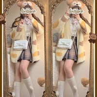 Calico Cat & Gray Tabby Cat Striped Faux Mink Fur Long Cozy Cardigan Sweater Japanese Style Girl - Thumbnail 3