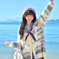 Calico Cat & Gray Tabby Cat Striped Faux Mink Fur Long Cozy Cardigan Sweater Japanese Style Girl - Thumbnail 1