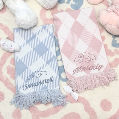 Pink & blue plaid my melody cinnamoroll cute japanese soft girl autumn winter warm shawl scarf scarves - Thumbnail 5