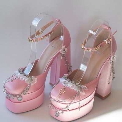 Millennium hexagram girls y2k gothic cross chain handmade thick sole pink black white purple high heels shoes - Thumbnail 5