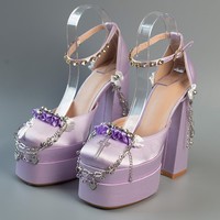 Millennium Hexagram Girls Y2K Gothic Cross Chain Handmade Thick Sole Pink Black White Purple High Heels Shoes - Thumbnail 3