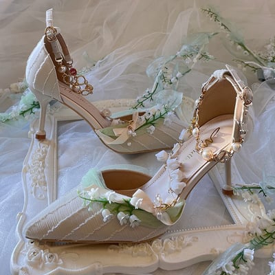 Lily of the valley elegant elf fairy princess vines green white custom made high heels