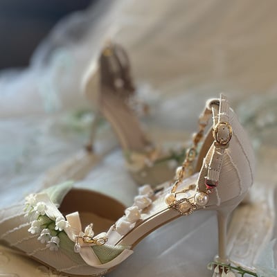 Lily of the valley elegant elf fairy princess vines green white custom made high heels
