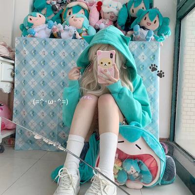 Y2k angel wings meow mint turquoise vocaloid hatsune miku green cute cat ears japanese girl spring comfy hoodie jacket