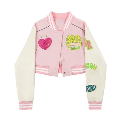 Sweet and cool y2k girl heart embroidery spring autumn white pink baseball jacket