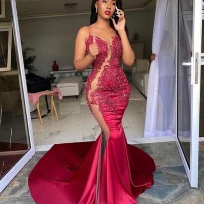 Sexy mermaid long wine red lace prom dresses - Thumbnail 1