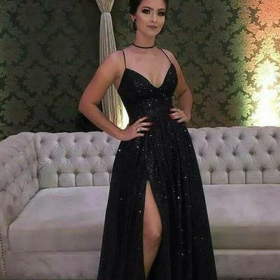 Simple black split a line prom dresses 