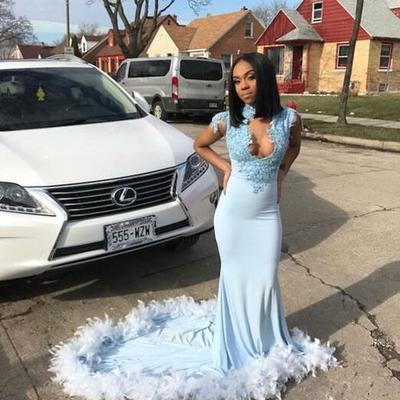 Mermaid stain blue prom dresses with lace women party dress - Thumbnail 2