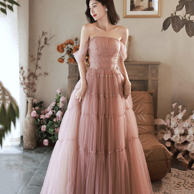 Pink tulle sequins long prom dress, cute a-line off shoulder evening dress