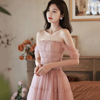 Pink Tulle Sequins Long Prom Dress, Cute A-Line Off Shoulder Evening Dress - Thumbnail 1