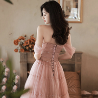 Pink Tulle Sequins Long Prom Dress, Cute A-Line Off Shoulder Evening Dress - Thumbnail 3