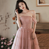 Pink Tulle Sequins Long Prom Dress, Cute A-Line Off Shoulder Evening Dress - Thumbnail 2