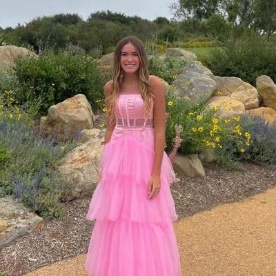 A line straps pink long prom dresses - Thumbnail 1