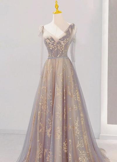 A-Line V Neck Gray Long Prom Dresses