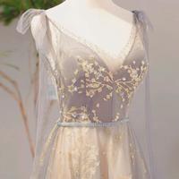 A-Line V Neck Gray Long Prom Dresses - Thumbnail 1