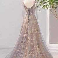 A-Line V Neck Gray Long Prom Dresses - Thumbnail 2