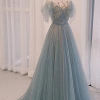 A-Line Scoop Tulle Gray Blue Long Prom Dress with Sequin - Thumbnail 1
