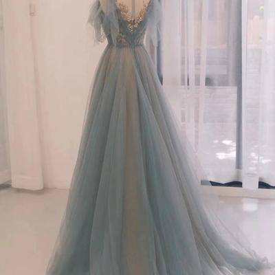 A-line scoop tulle gray blue long prom dress with sequin - Thumbnail 1