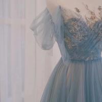 A-Line Scoop Tulle Gray Blue Long Prom Dress with Sequin - Thumbnail 2