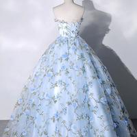 A Line Ball Gown Blue Tulle Lace Long Prom Dresses, Sweet 16 Dresses - Thumbnail 2