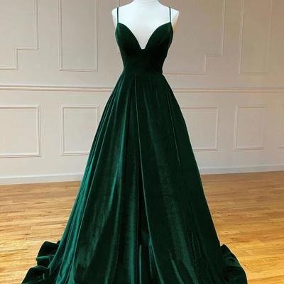 A-line v neck velvet green long prom dresses - Thumbnail 1