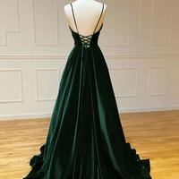 A-Line V Neck Velvet Green Long Prom Dresses - Thumbnail 1