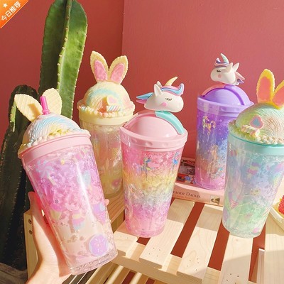 Large-capacity crushed ice cup with straw plastic high-value water cup cute cartoon rabbit double-layer cup