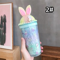 Large-capacity crushed ice cup with straw plastic high-value water cup cute cartoon rabbit double-layer cup - Thumbnail 4