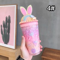 Large-capacity crushed ice cup with straw plastic high-value water cup cute cartoon rabbit double-layer cup - Thumbnail 6