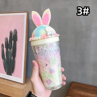 Large-capacity crushed ice cup with straw plastic high-value water cup cute cartoon rabbit double-layer cup - Thumbnail 5