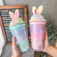 Large-capacity crushed ice cup with straw plastic high-value water cup cute cartoon rabbit double-layer cup - Thumbnail 2