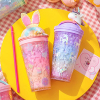 Large-capacity crushed ice cup with straw plastic high-value water cup cute cartoon rabbit double-layer cup - Thumbnail 1
