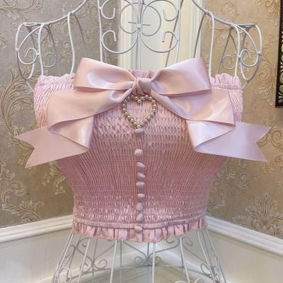Retro vintage coquette sweetheart princess bow love pearl sexy pink short tube top strapless bandeau - Thumbnail 4