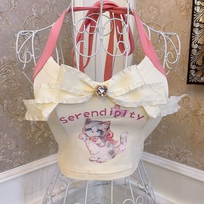Retro vintage coquette sweetheart princess sexy serendipity kitty cat cream halter neck strap camisole top - Thumbnail 5