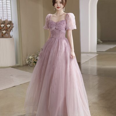 Pink tulle long prom dress, beautiful a-line evening party dress - Thumbnail 4