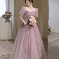 Pink Tulle Long Prom Dress, Beautiful A-Line Evening Party Dress - Thumbnail 1