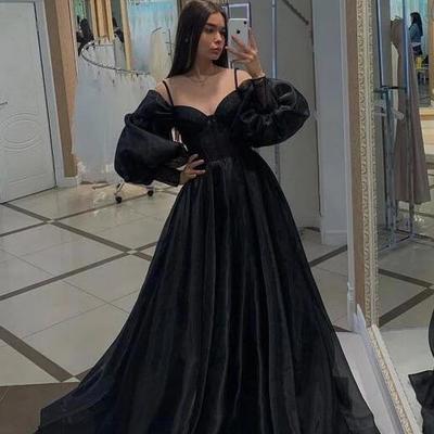 A line black long sleeves prom dresses with train - Thumbnail 2