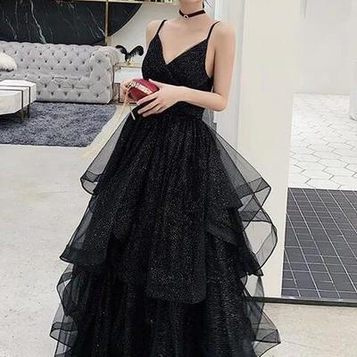 Shiny a line black v neck backless prom dresses - Thumbnail 1