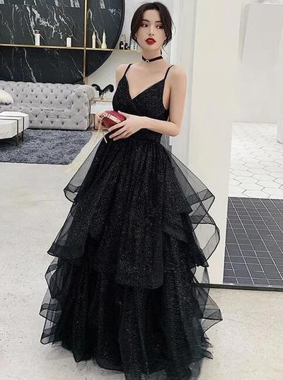 Shiny A Line Black V Neck Backless Prom Dresses