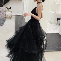 Shiny A Line Black V Neck Backless Prom Dresses - Thumbnail 1