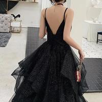Shiny A Line Black V Neck Backless Prom Dresses - Thumbnail 2