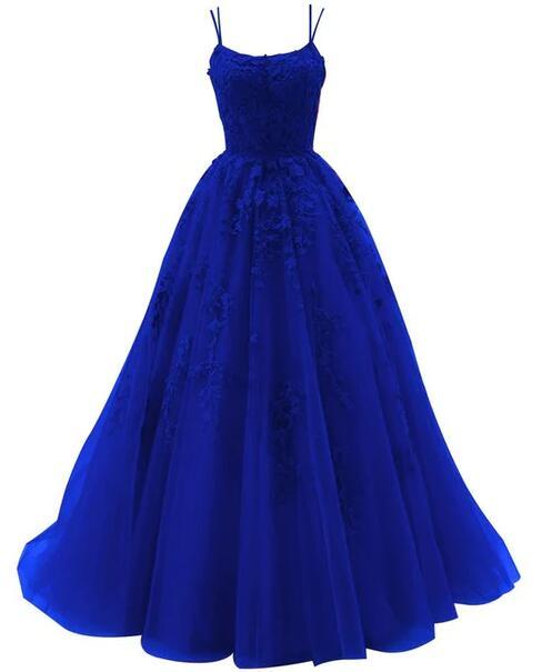 Spaghetti Strap Long Royal Blue Prom Dress With Lace Appliques
