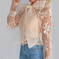 Solid Color Temperament Long Sleeve Mesh Top - Thumbnail 2