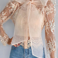 Solid Color Temperament Long Sleeve Mesh Top - Thumbnail 1